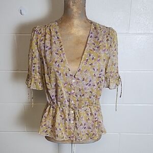 Yellow & Lavendar Floral Peplum Button Up Blouse with Flutter Sleeves Low V-Neck